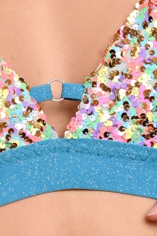 Festival Candy Top in azure detail of shimmering sequins glitter fabric and metal ring