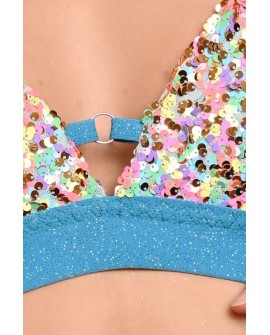 Festival Candy Top in azure detail of shimmering sequins glitter fabric and metal ring