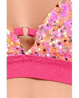 Festival Candy Top in hot pink detail of shimmering sequins glitter fabric and metal ring