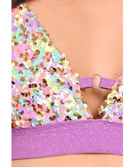 Festival Candy Top in dusty violet detail of shimmering sequins glitter fabric and metal ring