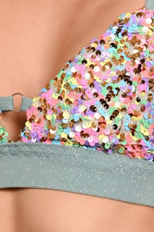 Festival Candy Top in sage green detail of shimmering sequins glitter fabric and metal ring