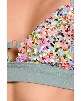 Festival Candy Top in sage green detail of shimmering sequins glitter fabric and metal ring