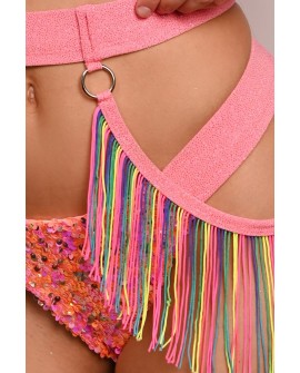 Festival Fringe Belt in light coral detail of glitter fabric colorful fringe and metal rings
