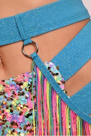 Festival Fringe Belt in azure detail of glitter fabric colorful fringe and metal rings