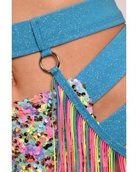 Festival Fringe Belt in azure detail of glitter fabric colorful fringe and metal rings