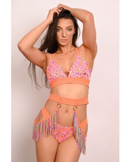 Festival Fringe Belt in orange front view with glitter waistband and colorful fringe