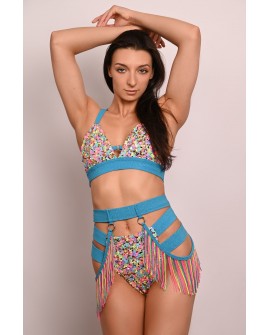 Festival Fringe Belt in azure front view with glitter waistband and colorful fringe