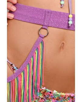 Festival Fringe Belt in dusty violet detail of glitter fabric colorful fringe and metal rings