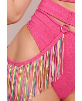 Festival Fringe Belt in hot pink detail of glitter fabric colorful fringe and metal rings