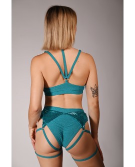 siren shorts in turquoise, back view glitter fabric adjustable thigh straps