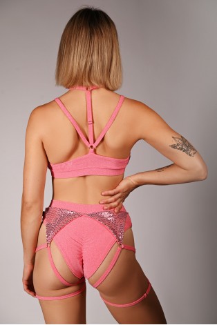 siren shorts in light coral, back view glitter fabric adjustable thigh straps
