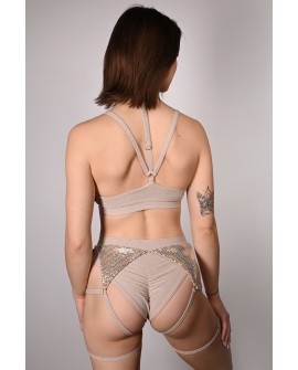 siren shorts in latte, back view glitter fabric adjustable thigh straps