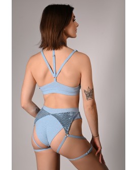 siren shorts in baby blue, back view glitter fabric adjustable thigh straps