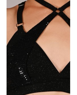siren top in black detail sequin mermaid scale insert close up