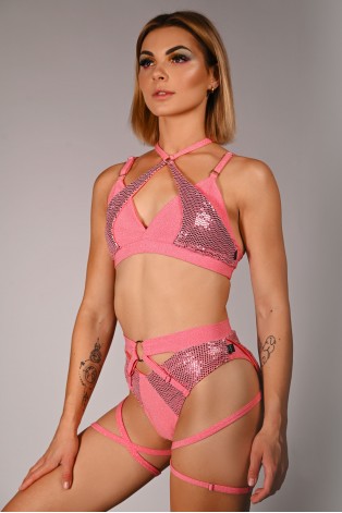 siren top in light coral, side view shimmering fabric sequin details
