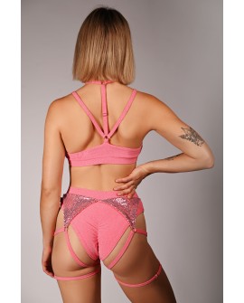 siren top in light coral, back view glitter fabric adjustable neck straps