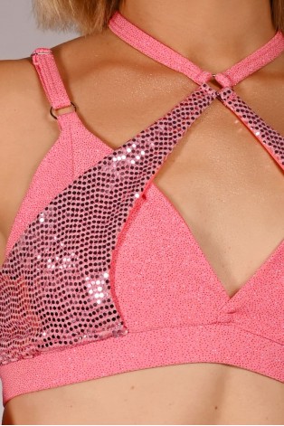 siren top in light coral detail sequin mermaid scale insert close up