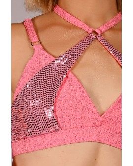 siren top in light coral detail sequin mermaid scale insert close up