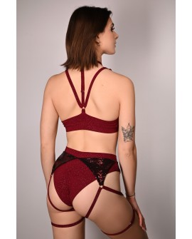 siren top in burgundy, back view glitter fabric adjustable neck straps