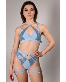 siren top glittery in baby blue, mermaid style front view with sequin scale inserts
