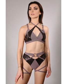 siren top glittery in light brown, mermaid style front view with sequin scale inserts