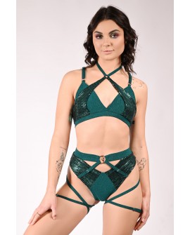 siren top glittery in deep green, mermaid style front view with sequin scale inserts