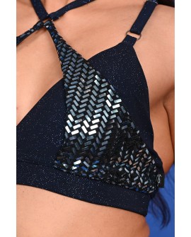 siren top in navy blue detail sequin mermaid scale insert close up