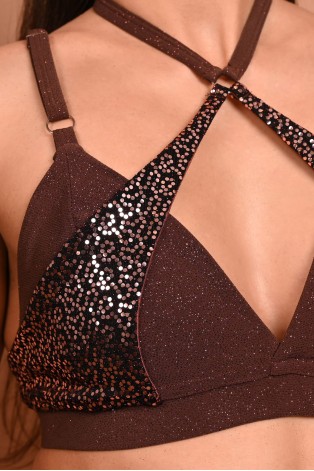 siren top in brown detail sequin mermaid scale insert close up
