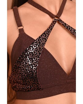 siren top in brown detail sequin mermaid scale insert close up