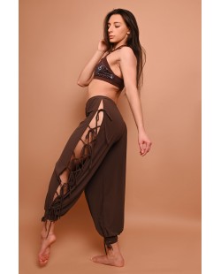Crystal dance pants with dramatic side openings and multiple adjustable ties, in brown, side view