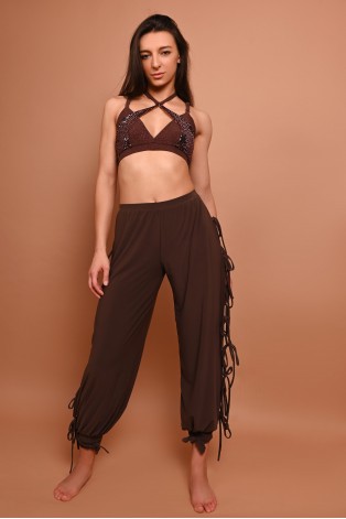 Crystal wide-leg dance pants with side openings and adjustable lacing, brown color front view