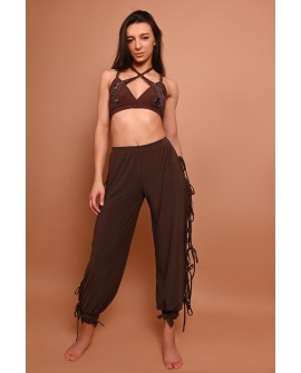 Crystal wide-leg dance pants with side openings and adjustable lacing, brown color front view