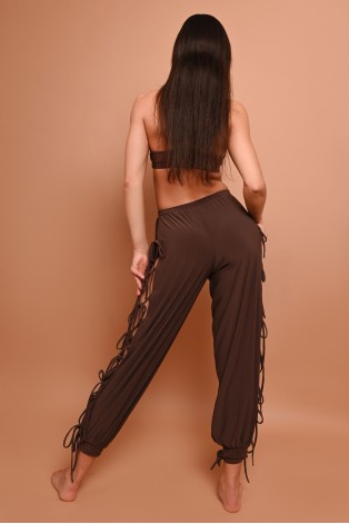 Crystal wide-leg dance pants with side lacing and flowing soft fabric, in brown, back view