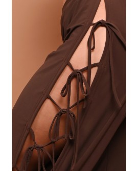 Crystal pants side lacing detail with adjustable ties and soft flowing fabric in brown