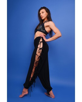 Crystal wide-leg dance pants with side openings and adjustable lacing, navy blue color front view
