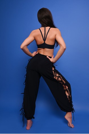 Crystal wide-leg dance pants with side lacing and flowing soft fabric, in navy blue, back view