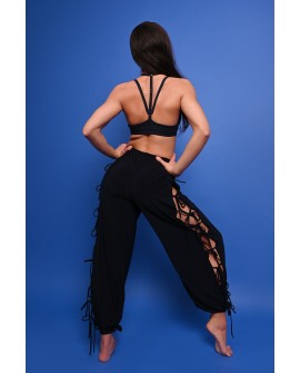 Crystal wide-leg dance pants with side lacing and flowing soft fabric, in navy blue, back view