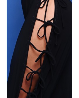 Crystal pants side lacing detail with adjustable ties and soft flowing fabric in navy blue
