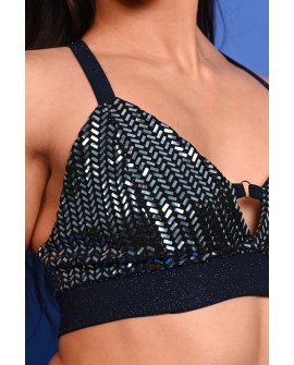 Lapis blue sequin top with shimmering blue navy and silver gemstone-inspired detail