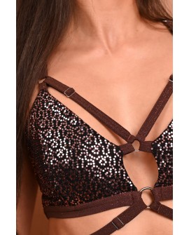 Tiger Eye sequin dance top with warm gold and brown gemstone-inspired sparkle, detail