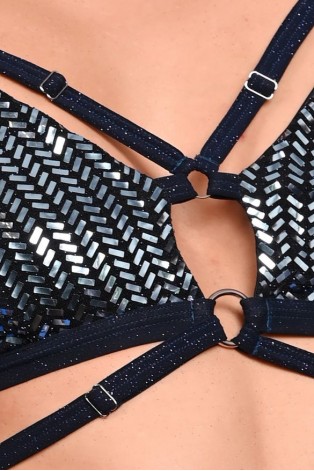 Moonstone Blue sequin dance top with gemstone-inspired shimmer and adjustable glitter straps, detail