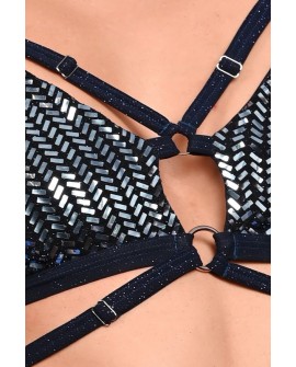 Moonstone Blue sequin dance top with gemstone-inspired shimmer and adjustable glitter straps, detail