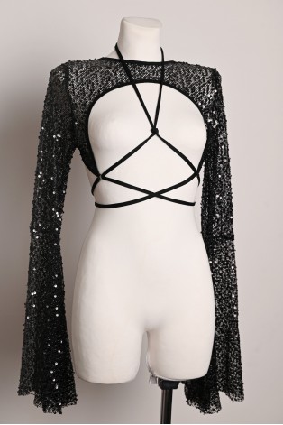 Witch Top in black, sheer sequin fabric with flared sleeves and adjustable styling straps, front view
