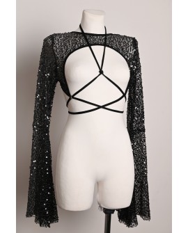 Witch Top in black, sheer sequin fabric with flared sleeves and adjustable styling straps, front view