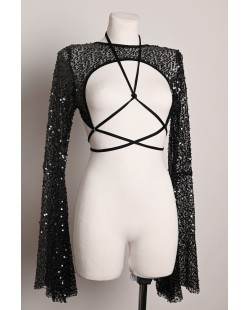 Witch Top in black, sheer sequin fabric with flared sleeves and adjustable styling straps, front view