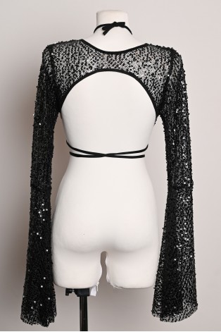 Witch Top in black, sheer sequined long sleeves with a large open-back design and neck tie, back view