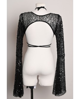 Witch Top in black, sheer sequined long sleeves with a large open-back design and neck tie, back view