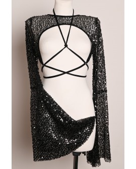 Witch Top in black, asymmetrical sheer sequin fabric with dramatic flared sleeves, three-quarter view