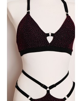 Starlight Set black pole dance top close-up showing purple sequins, burgundy shimmer and adjustable shoulder straps