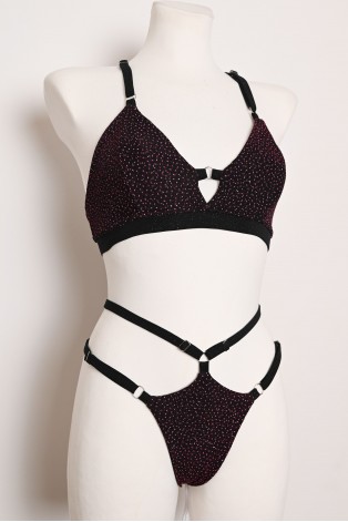 Starlight Set in black with burgundy shimmer and purple sequins, pole dance top and adjustable strap shorts, front view